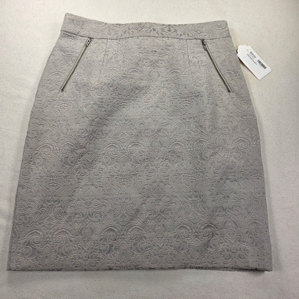 Downeast Silver Grey Jacquard Damask Pencil Skirt Sz M Front Zippers Lined
